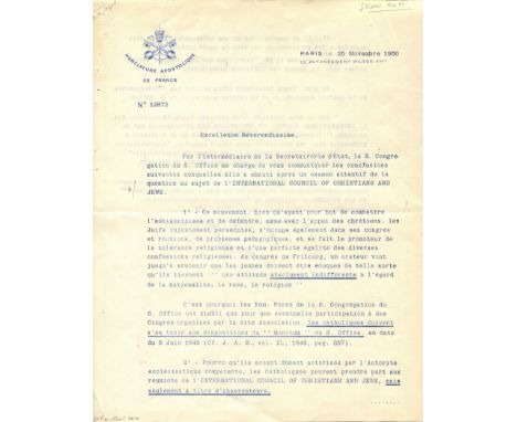 JOHN XXIII: (1881-1963) Pope of the Catholic Church 1958-63. A good T.L.S., + Ang. Jos. Roncalli, as Apostolic Nuncio to Fran