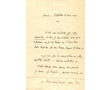MASSENET JULES: (1842-1912) French Composer. A good A.L.S., `Massenet´, two pages, written to the first and third page, 8vo, 