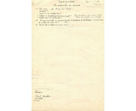MULLER PAUL HERMANN: (1899-1965) Swiss chemist, Nobel Prize winner for Physiology or Medicine, 1948. Manuscript document, uns