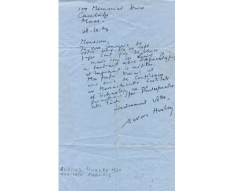HUXLEY ALDOUS: (1894-1963) English writer. A.L.S., Aldous Huxley, one page, 4to (folding air mail stationery), Cambridge, Mas