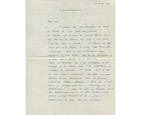 GREMILLON JEAN: (1901-1959) French film director. A.L.S., Jean Gremillon, two pages, 4to, Rue de Verneuil, Paris, 18th Octobe