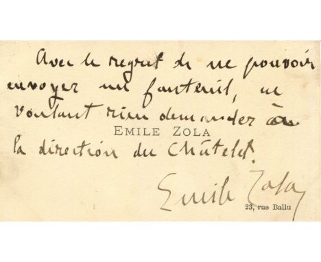 ZOLA EMILE: (1840-1902) French novelist. A.L.S., Emile Zola, to the recto of his personal printed oblong 12mo Visiting Card, 