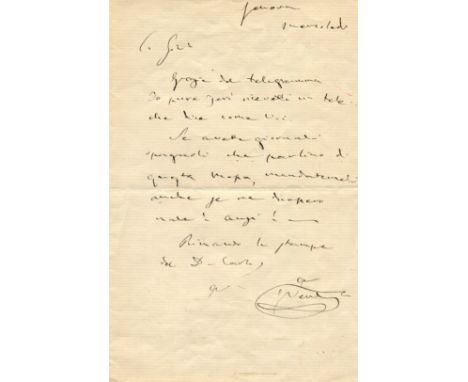 VERDI GIUSEPPE: (1813-1901) Italian Composer. A good A.L.S., `G. Verdi´, one page, 8vo, Genova, Wednesday, March 1883, to Giu