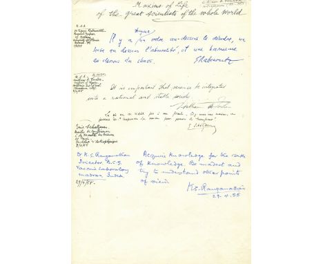 SCIENTISTS: An unusual 4to sheet of paper featuring the manuscript title Maxims of Life of the great scientists of the whole 