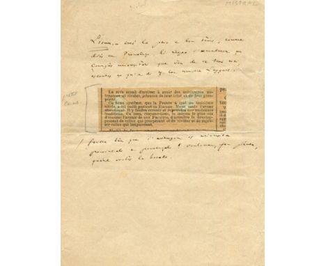 MISTRAL FREDERIC: (1830-1914) French writer, Nobel Prize winner for Literature, 1904. Autograph Manuscript, unsigned, one pag