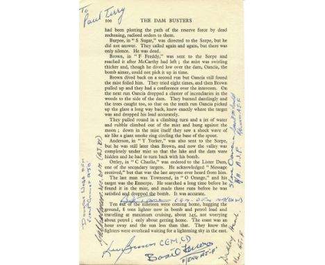 DAMBUSTERS THE: A good selection of signed pages (6; most multiple signed) removed from an edition of Paul Brickhill's book T