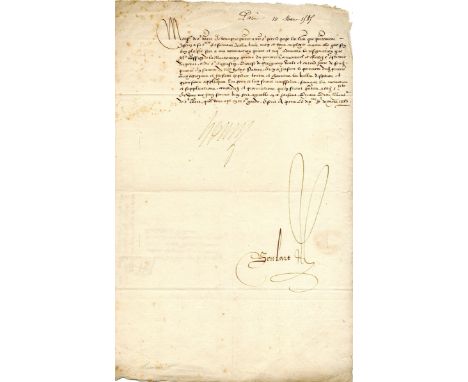 HENRY III: (1551-1589) King of France 1574-89. D.S., Accorde, Henry, one page, slim oblong 4to, Paris, 3rd February 1588 (?),