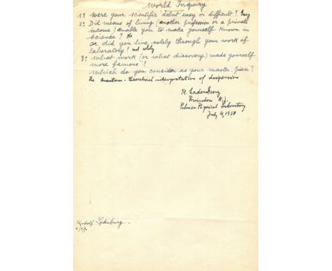 LADENBURG RUDOLF: (1882-1952) German atomic physicist. Manuscript D.S., R. Ladenburg, one page, 4to, Palmer Physical Laborato