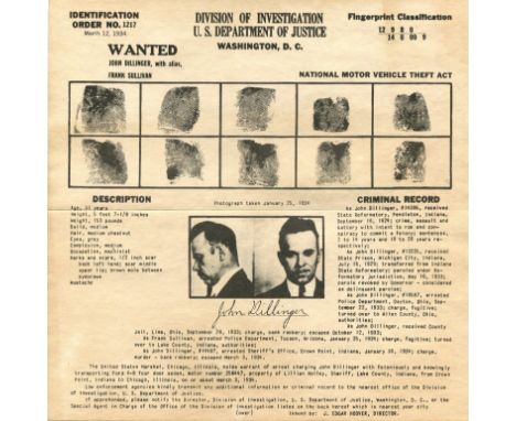 [DILLINGER JOHN]: (1903-1934) American bank robber. An original printed small 4to Wanted poster (in the form of a folding mai
