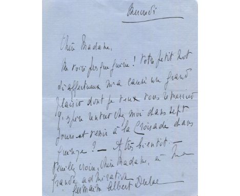 DULAC GERMAINE: (1882-1942) French filmmaker. A.L.S., Germaine Albert Dulac, one page (folding letter card), small 8vo, n.p.,