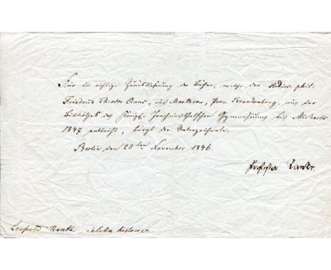 RANKE LEOPOLD VON: (1795-1886) German historian. D.S., Leopold von Ranke, one page, oblong 8vo, Berlin, 23rd November 1846, i