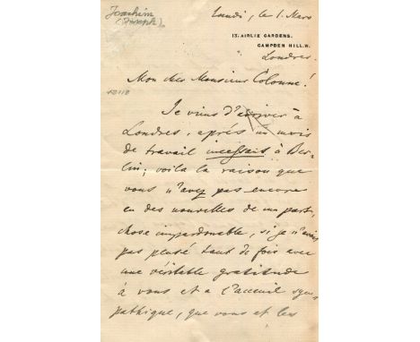 JOACHIM JOSEPH: (1831-1907) Hungarian Violinist and Composer. A close collaborator of Johannes Brahms. A good A.L.S., `Joseph