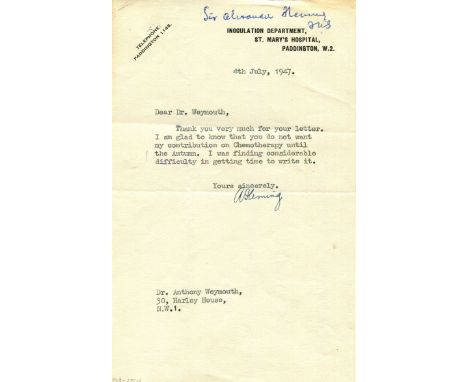 FLEMING ALEXANDER: (1881-1955) Scottish biologist, Nobel Prize winner for Physiology or Medicine, 1945. A brief T.L.S., A Fle