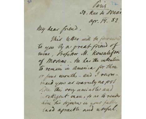 TURGENEV IVAN: (1818-1883) Russian novelist, poet and playwright. A.L.S., Iv. Tourgueneff, to two sides of a pain 12mo corres