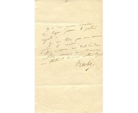 RACHEL: (1821-1858) Rachel Felix. French actress. A.L.S., Rachel, one page, 8vo, n.p., n.d., to an unidentified correspondent