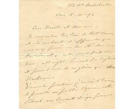 SARASATE PABLO DE: (1844-1908) Spanish virtuoso Violinist and Composer. An excellent and very good content A.L.S., `Pablo de 