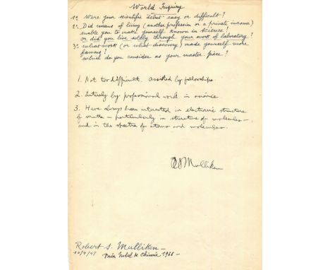 MULLIKEN ROBERT S.: (1896-1986) American physicist and chemist, Nobel Prize winner for Chemistry, 1966. Manuscript D.S., R S 