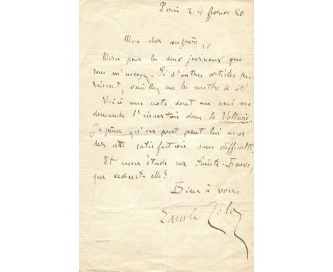 [DREYFUS AFFAIR]: ZOLA EMILE: (1840-1902) French novelist. A.L.S., Emile Zola, one page, 8vo, Paris, 24th February 1880, to a