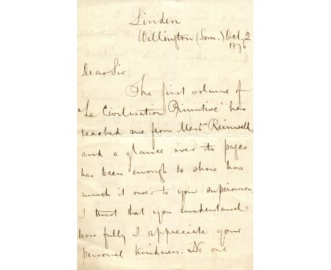 TYLOR EDWARD BURNETT: (1832-1917) English anthropologist. A.L.S., Edward B. Tylor, four pages, 8vo, Wellington, Somerset, 2nd