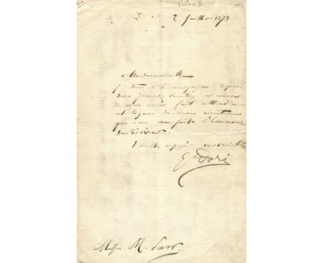 DORE GUSTAVE: (1832-1883) French printmaker, illustrator, painter and sculptor. A.L.S., G. Dore, one page, 8vo, n.p., 2nd Jul