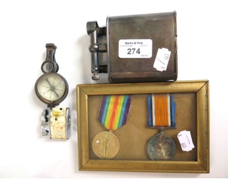 Two framed World War I medals, a Dunhill table lighter, as found, a compass, a whistle, etc