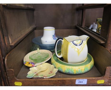 A Poole pottery vase, a Carltonware flower ring, pickle dish and spoon, a basket ware dish and other 1930s ceramics and glass