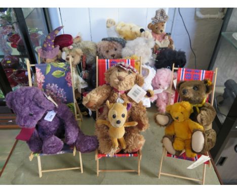 A collection of teddy bears, including a Steiff 000447 bear and deckchairs