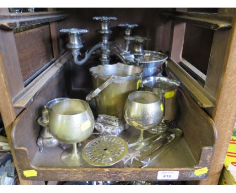 Silver plate table wares including two ice buckets, goblets, four branch candlestick and two claw tongs