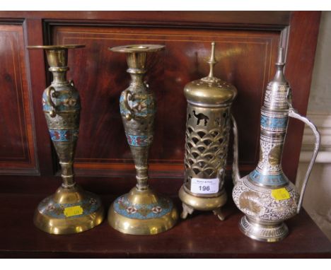 A pair of Turkish champs leve enamel and brass vases, 23cm high, an ornamental coffee pot and a brass candleholder