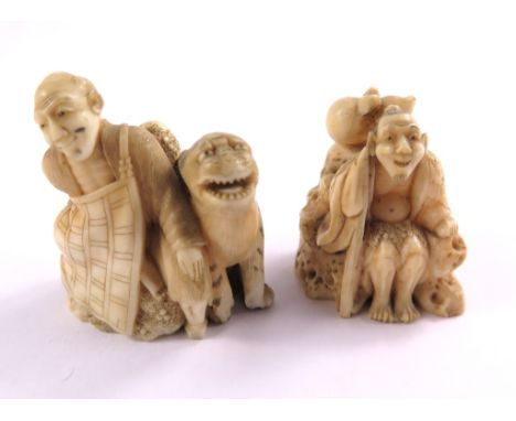 Two Meiji period ivory Netsuke, one depicting a man sitting with a tiger, the other of a man sitting on a rock with his water