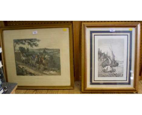 An engraving of a boat in harbour in choppy waters unsigned 30cm x 21cm and another print of a stage coach (2)