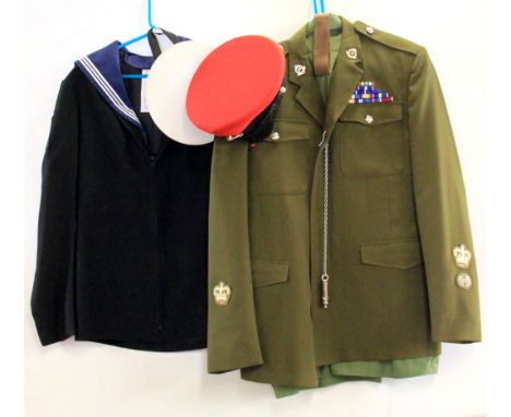 A British Army uniform and cap and a British Navy uniform and cap.