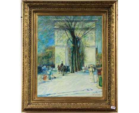 A large gilt framed oil on canvas after Childe Hassam's  "Washington Arch, Spring, 1890", 87 x 102cm.