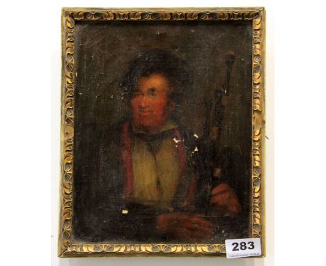 An early Scottish oil on canvas portrait of a gentleman with bagpipes, 23 x 28cm.