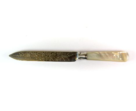 A hallmarked silver cake knife with mother of pearl handle.