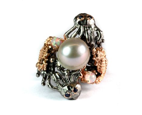 An stunning Hana Maae designer 925 silver gilt octopus and seahorse shaped ring set with sapphires, fire opals and a pearl (Q