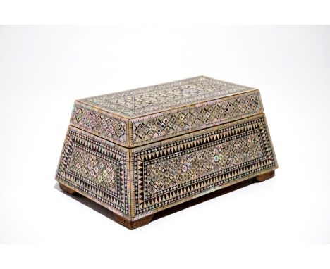 A Mughal mother-of-pearl inlaid trapezoid box, prob. Gujarat, India, 18/19th C. Dim.: 23,5 x 14,5 x 11 cm We have more lots a