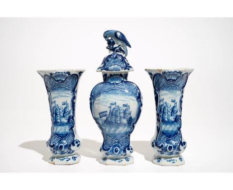 A Dutch Delft blue and white three-piece garniture with a naval scene, 18th C. H.: 29,5 cm  Each vase inscribed LPK on the ba