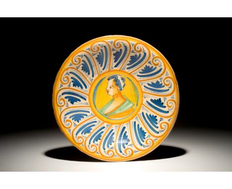 A polychrome Italian maiolica dish with a bust portrait, Deruta, 17th C. Dia.: 32,5 cm We have more lots available for biddin