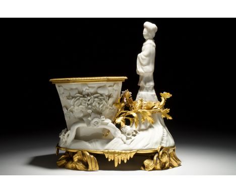 A blanc de Chine, Meissen and Saint-Cloud porcelain ormolu-mounted group, Ateliers Bointaburet, Paris, 19th C. H.: 17,5 cm - 