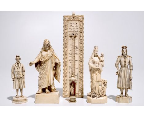 Four carved ivory figures, a miniature altar and a thermometer, Dieppe and other workshops, 19th C. H.: 12 cm (the figure of 