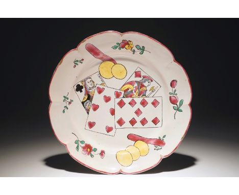 A rare French faience playing cards dish, poss. Ferrat, Moustiers, or Nevers, 18th C. Dia.: 24 cm  Provenance: - A private co