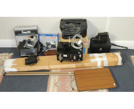 A quantity of Cine camera equiptment including Elmo K-100 SM Projector, Sankyo ES-33, Kodax Brownie 8, Polaroid land camera, 