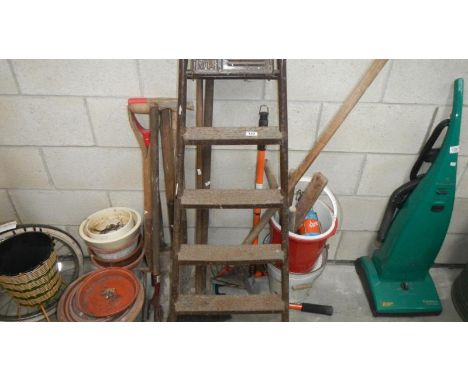 A step ladder, tools, pots etc