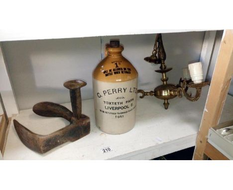 A 3 branch ceiling light, stone flaggon from C. Perry Ltd. Toxteth Park, Liverpool & a cobblers last