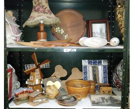 A quantity of miscellaneous items including lamp, mirror & tray etc. (2 shelves)