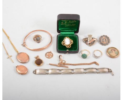 A jewel box of vintage jewellery, a 9 carat rose gold half hinged bangle, oval back and front lockets, small swivel seal, tur