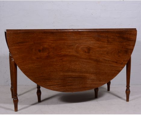 Late Georgian mahogany drop-leaf dining table, D-shape ends, double gate action, turned legs, 168cm x 124cm.