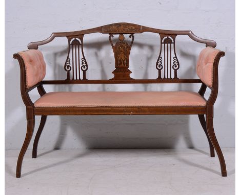 Edwardian salon sofa with marquetry decoration, pink upholstery, width 105cm.