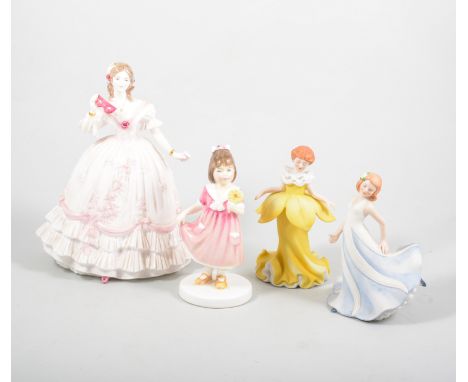 Two trays of modern china and bisque lady figurines, Royal Worcester, Franklin Mint flower girls, Wedgwood etc. 